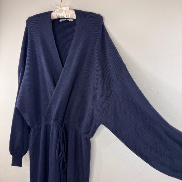 ZARA Navy Blue Jumpsuit Ribbed Knit Wrap V-Neck Casual Drop Shoulder M Medium - Picture 3 of 9